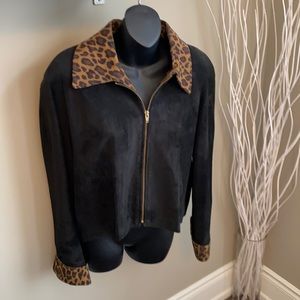 Black suede with suede animal print neck and cuffs